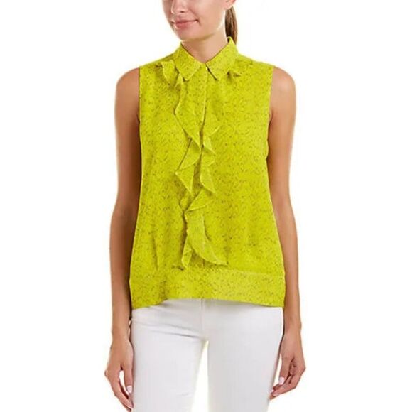 Cabi Reign Blouse Chartreuse Yellow Size Small Ruffled Button Front Sleeveless - Picture 1 of 8